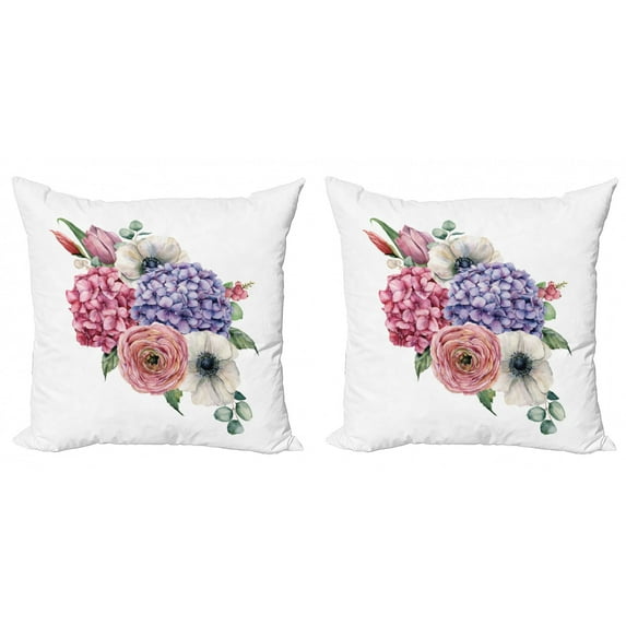 Romantic Throw Pillow Cushion Cover Pack of 2, Watercolor Mix Bouquet Hydrangea Pattern, Zippered Double-Side Digital Print, 4 Sizes, White Multicolor, by Ambesonne