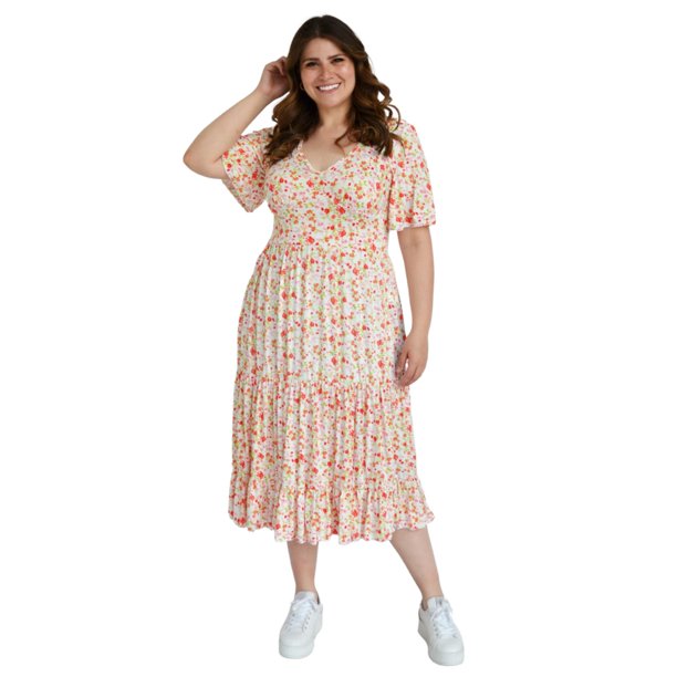 Vestido midi casual Roman Fashion /Tallas Extras, 4285 (Blanco floreado) blanco 40 Roman Fashion V-GR-4285-BLANCO