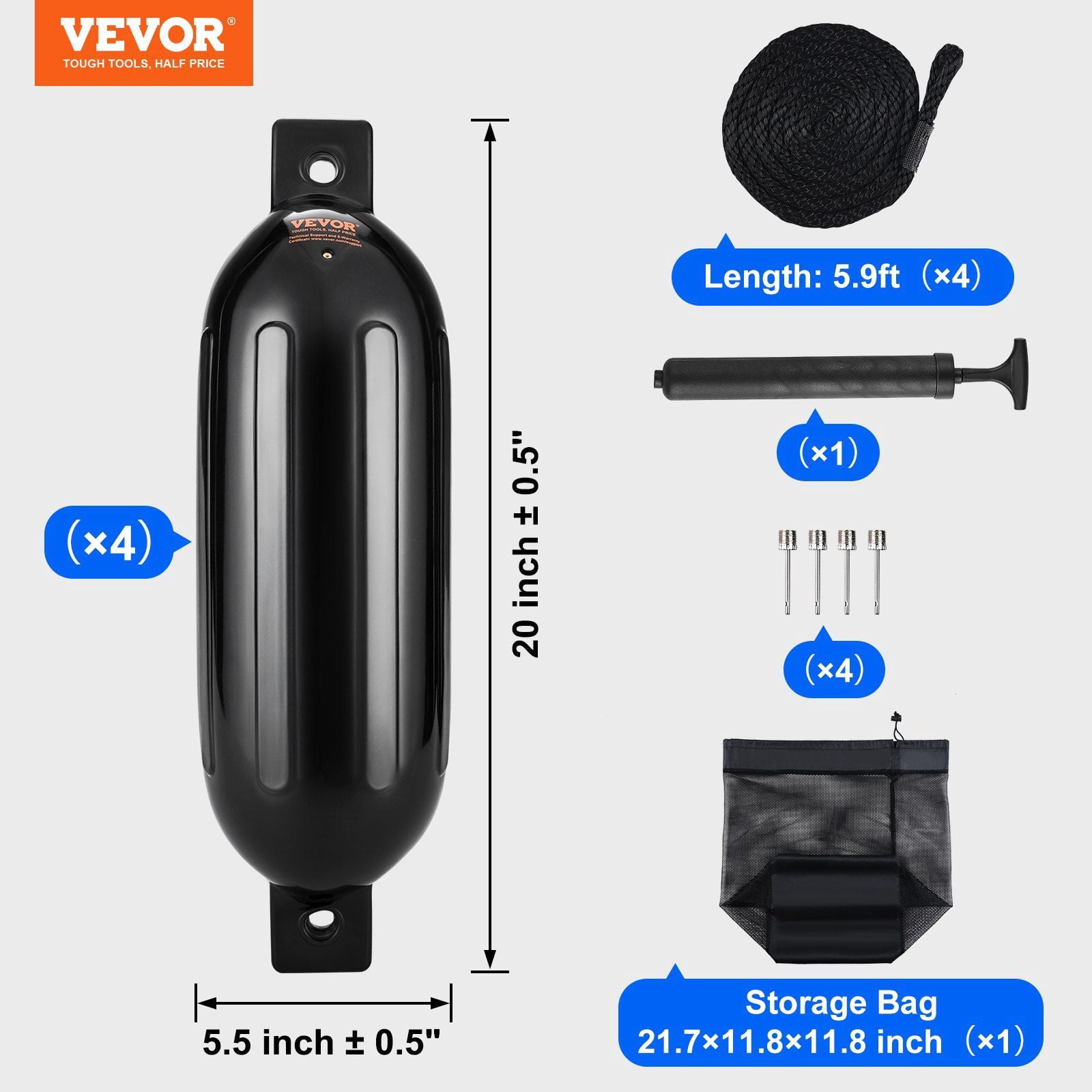5.5x20 Inch Inflatable Boat Fenders (2-Pack) - Heavy Duty Ribbed Dock Bumpers with Ropes & Air Pump, Storage Bag - Marine Safety for Docking, Pontoon, Yacht (Black)