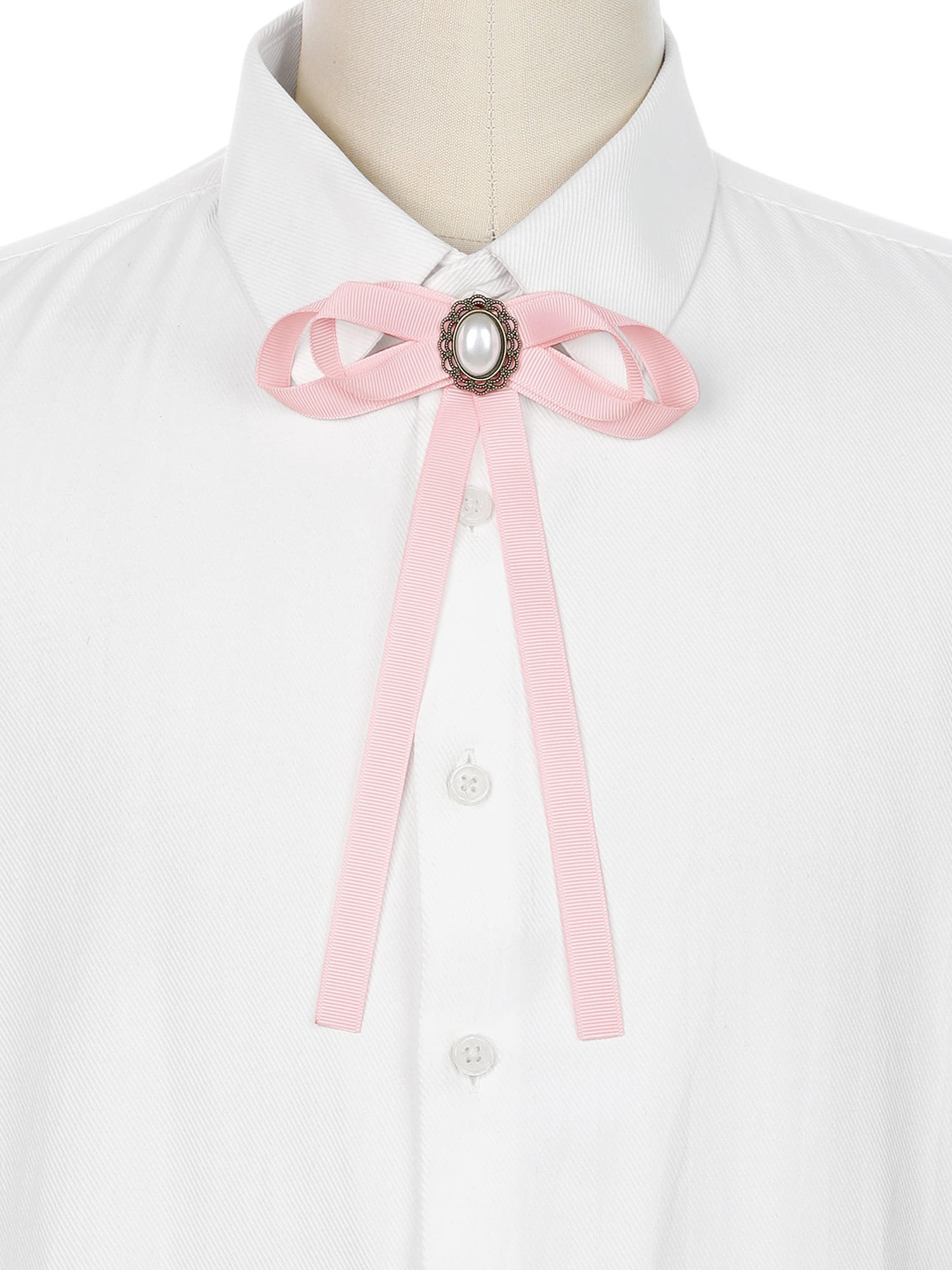 DARING DIVA Women's Long Ribbon Pre-Tied Bow Tie with Faux Pearl Pink