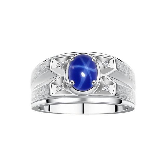 RYLOS Men's Rings Sterling Silver Rings Classic Designer Style 8X6MM Gemstone & Diamond Ring Blue Star Sapphire September Birthstone Rings For Men, Size 9