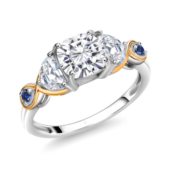 Gem Stone King 925 Silver and 10K Yellow Gold 3-Stone Ring Set with Cushion and Half Moon Moissanite (1.76 Carat Cttw) (Size 9)