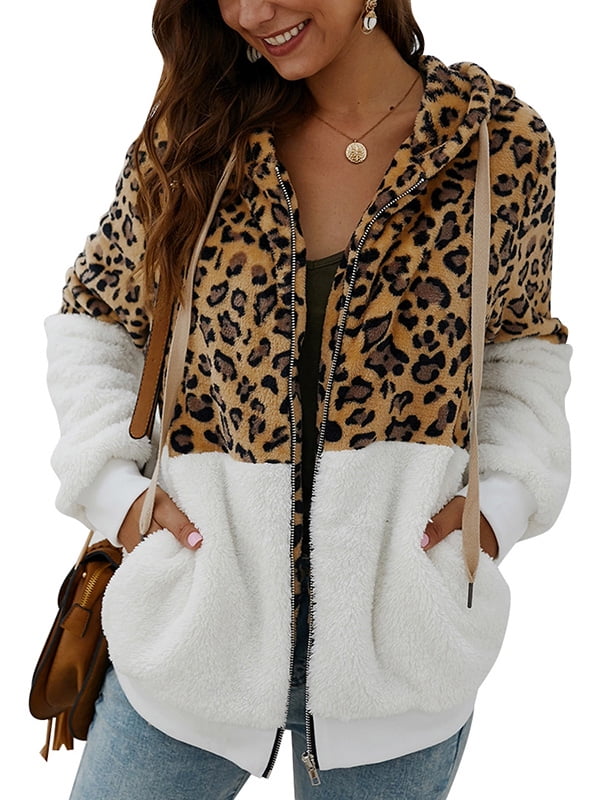 Wakaa Women's Zip Up Leopard Print Jackets Sherpa Fleece Outwear