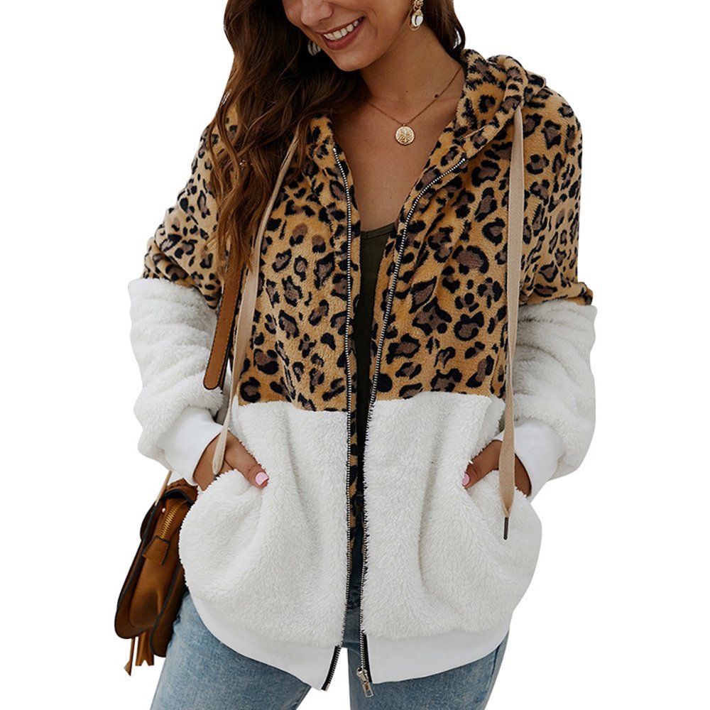 Wakaa Wakaa Women's Zip Up Leopard Print Jackets Sherpa Fleece