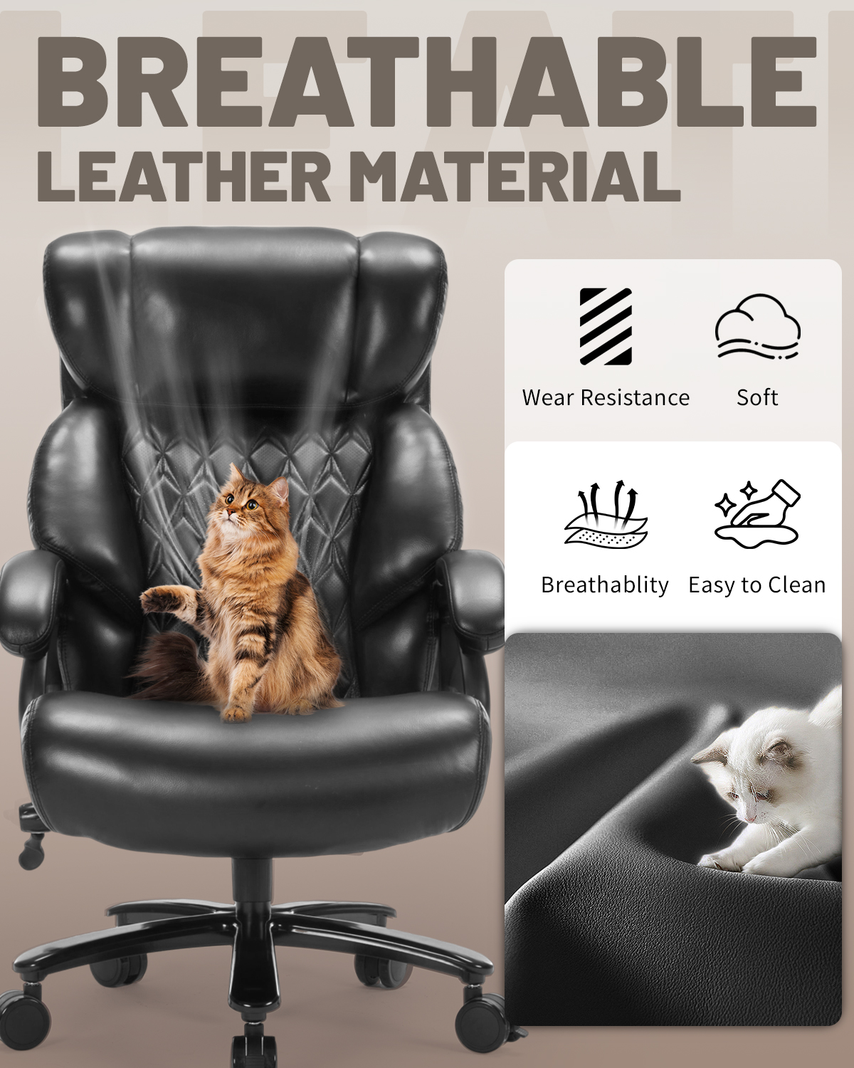 800LBS Large Heavy Duty Office Chair with Massage Footrest, Big and Tall Office Chair with Adjustable Lumbar Support, PU Leather Executive Chair with Extra Wide Seat