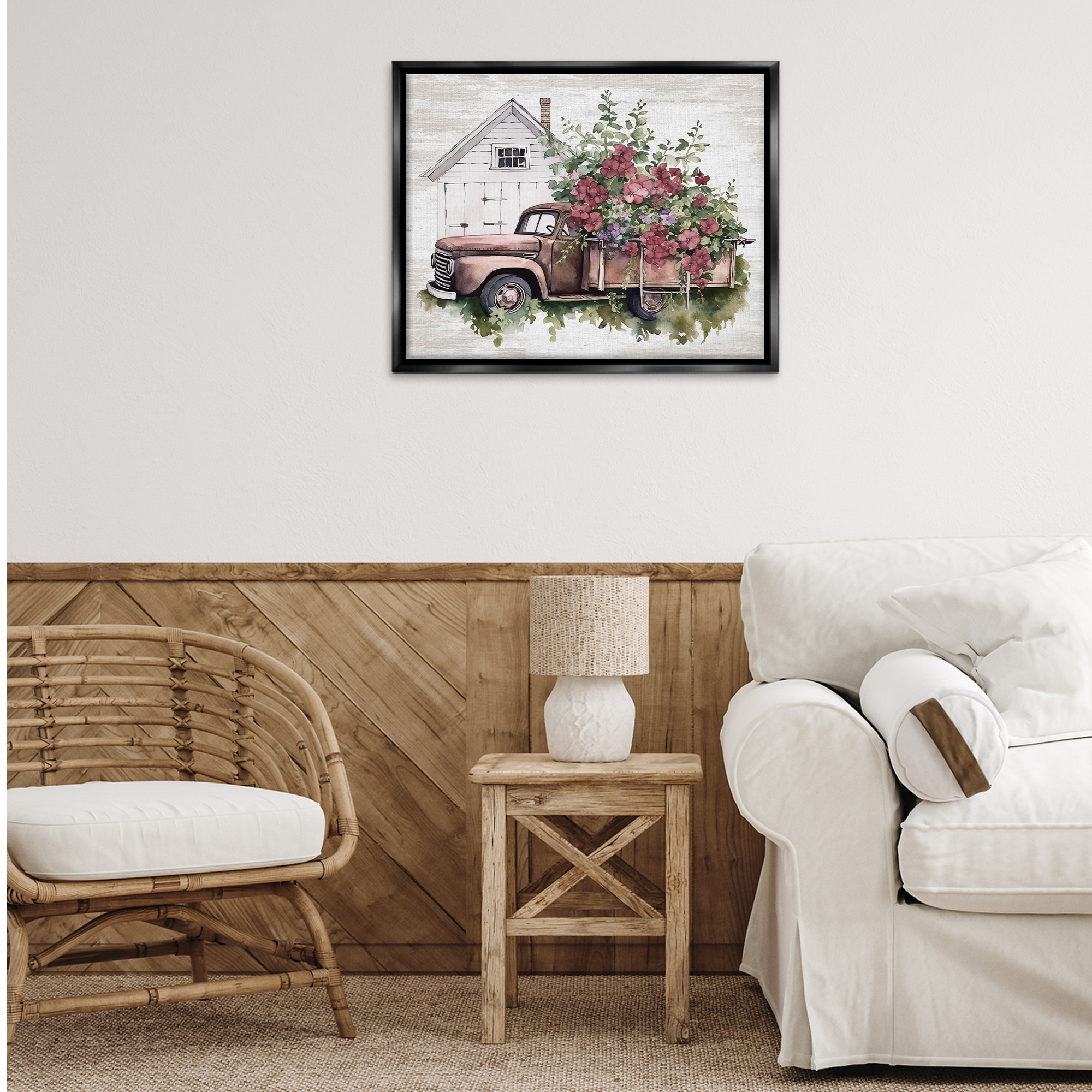 Stupell Industries Burgundy Flowers Truck Transportation Painting Black Floater Framed Canvas Art Print Wall Art, 31 x 25