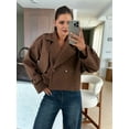 thumbnail image 5 of Women'S Cropped Trench Coat Double Breasted Lapel Collar Short Jacket Long Sleeve Fall Winter Outerwear Brown L, 5 of 9