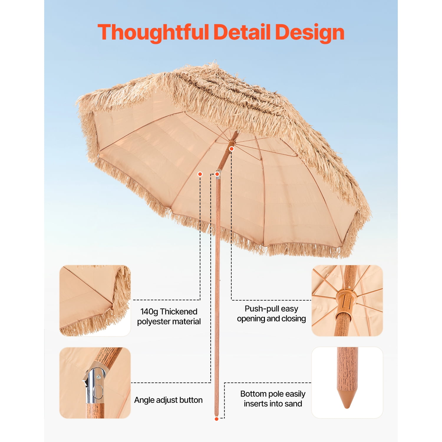 KFFKFF 8 ft Thatched Patio Umbrella with Tilt, Hawaiian Style Beach Parasol Featuring Durable PP Thatch and 8 Metal Ribs, Ideal for Beach, Patio, Poolside, Backyard, and Garden