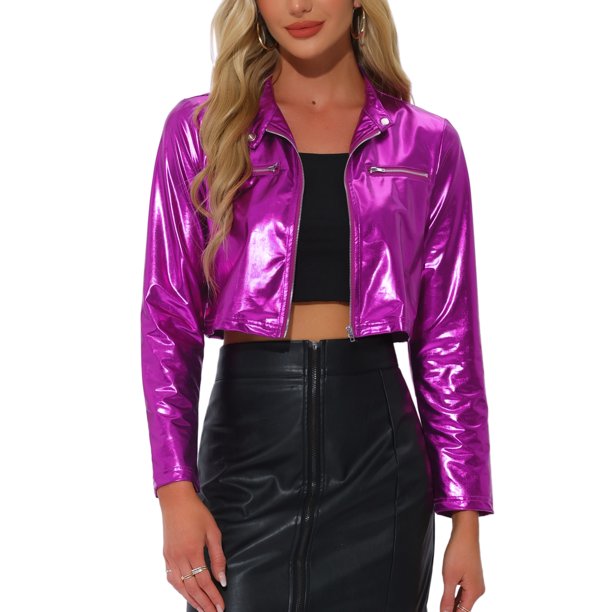 CHAQUETAS CORTAS PARA MUJER INSPIRADAS EN CHIC, CON CUELLO ALTO, CREMALLERA METÁLICA, MANGAS LARGAS, CHAQUETA DE FIESTA L PURPURA
