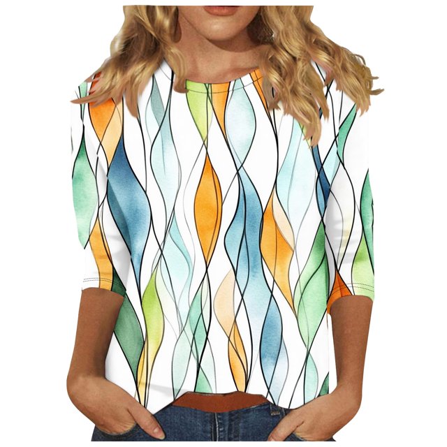 QTOCIO 3/4 Hauts à Manches pour Femmes, Hauts d'Été à Manches 3/4 pour Femmes, Robe Élégante à Manches Courtes Patchwork