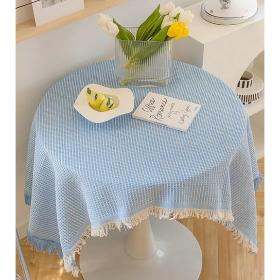 Cotton Linen Waffle Small Square Tablecloth 90*90cm Farmhouse Fringe Decorative Table Cloth Dust Proof Table Cover for Kitchen Dining Picnic Rustic Holiday (Blue )