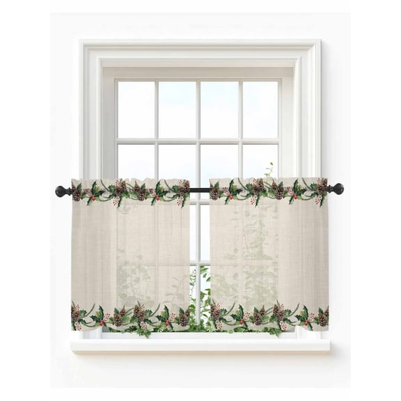 Green Pine Cone Tier Curtains 36 Inch Length,Sheer Curtains for Bedroom Living Room Window Christmas Winter Plants Retro Beige Rod Pocket Drapes Kitchen Curtains Small Half Window 27.5"x36" 2 Panels