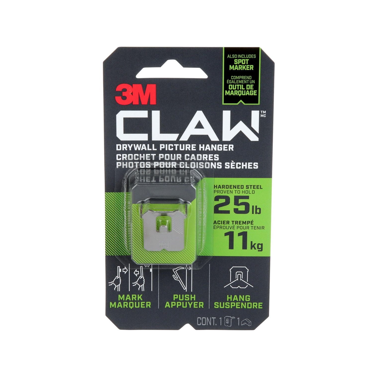 3M™ CLAW Drywall Picture Hanger with Temporary Spot Marker 3PH25M-1EF, Holds 25 lbs