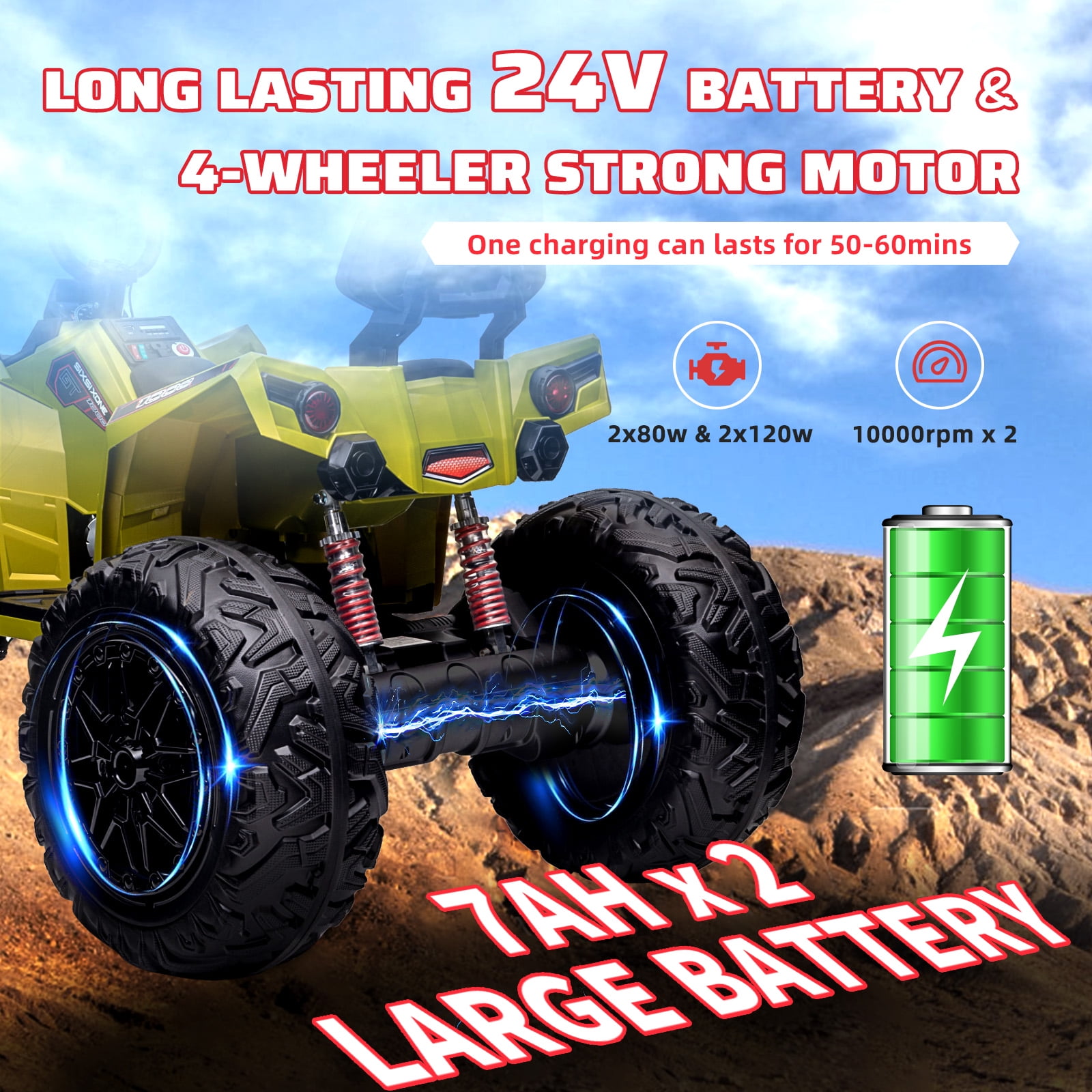 Telyswee Kids ATV 24V Ride on Car 4WD Quad Electric Vehicle, 4x80W Powerful Engine, with 7AHx2 Large Battery, Accelerator Handle, EVA Tires, LED Light, Full Metal Suspensions, Bluetooths & Music