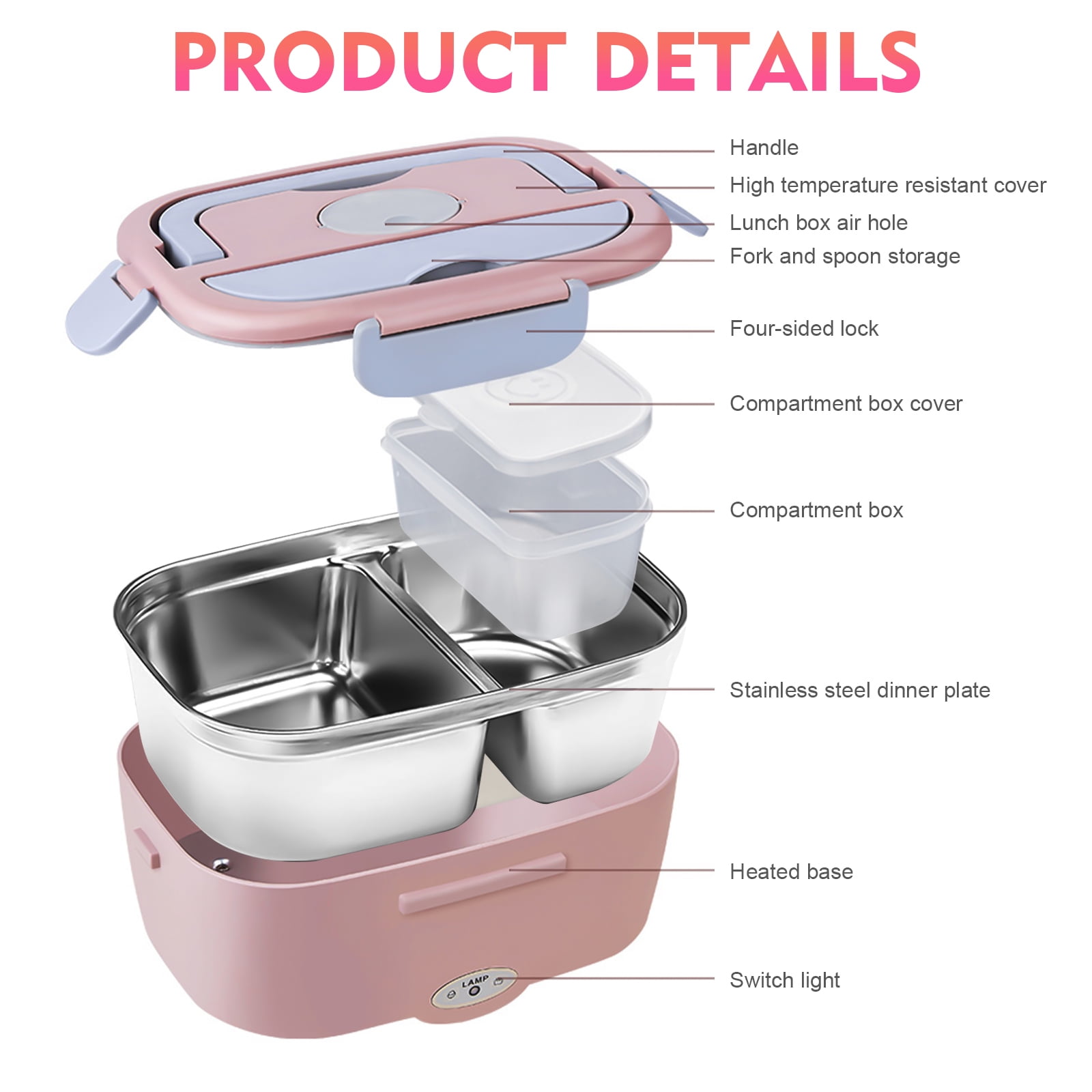 Electric Lunch Box -DFITO Fast 65W Food Heater 3-In-1 Portable Food Warmer Lunch Box W/Leak proof, 2 Compartments, Removable 304 Stainless Steel Container, Fork, Spoon and Carry Bag,Pink