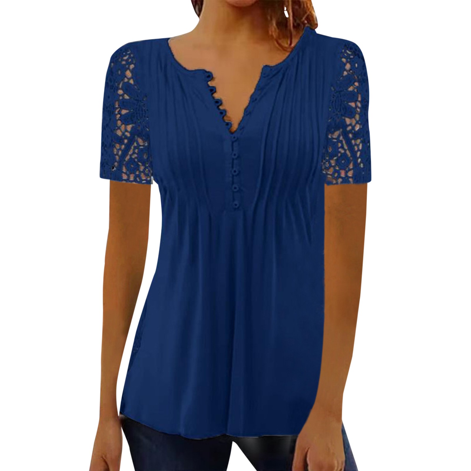 Entyinea Womens Tops Casual Printed V Neck Blouse Lace Short Sleeve Buttoned Flowy Shirts Blue XL