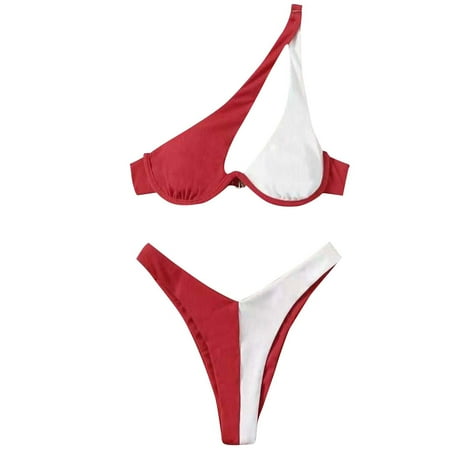 One Shoulder Swimsuits for Women 2 Piece Bathing Suit Underwire Bikini Top with Thong Bottoms Cheeky Swimwear  Wine  M