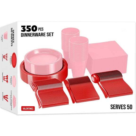 Exquisite 350 Piece Valentine's Day Plastic Disposable Party Plates & Cutlery Set, Red & Pink