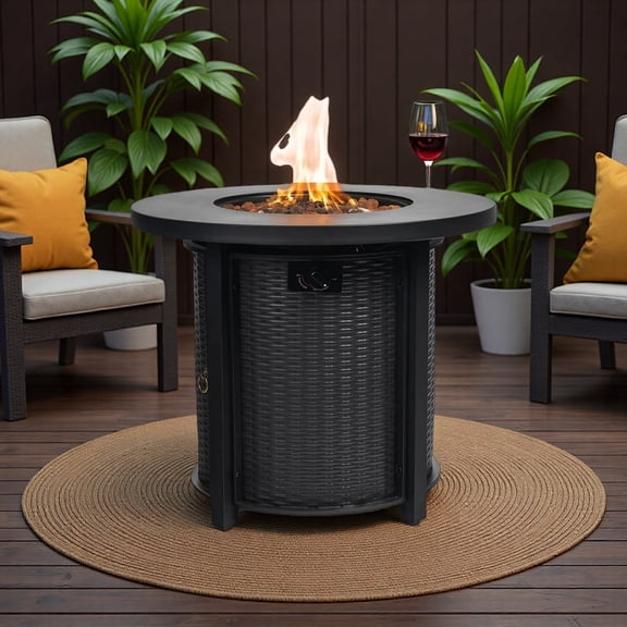 30" Propane Gas Fire Pit Table, 50000 BTU Round Steel Fire Pit with Imitation Wood Grain Finish for Outside Patio Deck Garden Backyard- Black