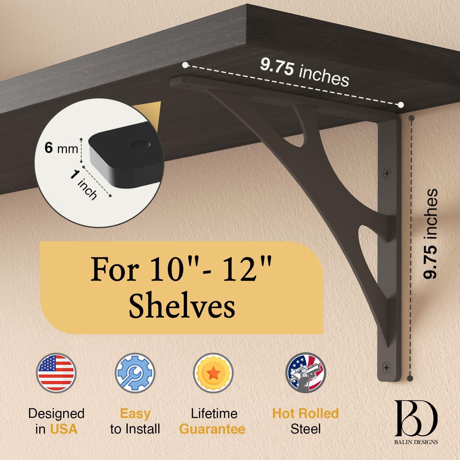 L Brackets by Balin Designs (Black) for 10"-12” Echo Style Shelves – Heavy Duty Decorative Metal Supports - Mantel Shelf - Easy Installation with Included Hardware - Set of 4
