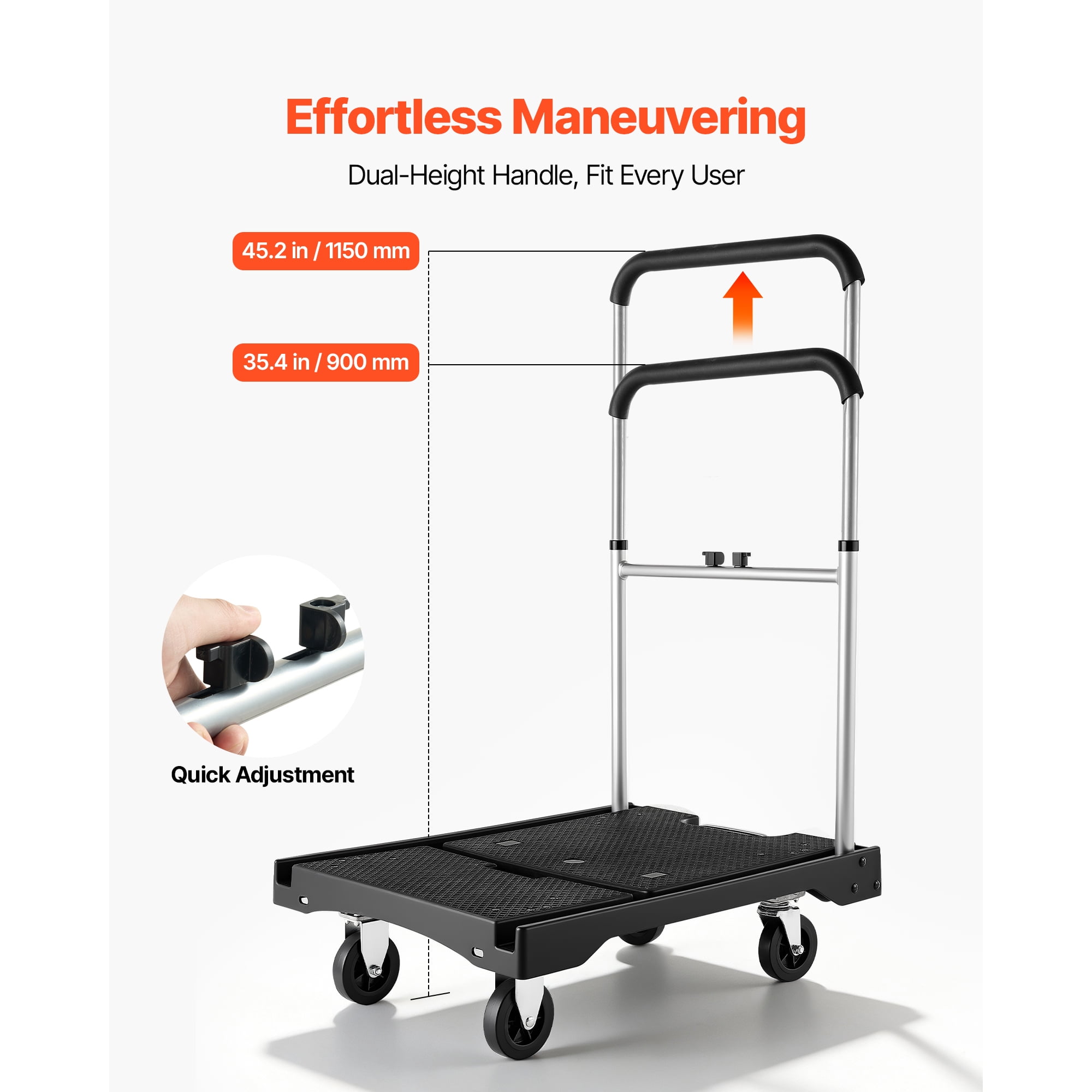 KFFKFF Foldable Push Cart Dolly, 330 lbs Load Capacity, Folding Platform Truck with Swivel Wheels, Flatbed Hand Truck with Adjustable Handle, Compact Storage Design, 26.8 x 19.5 x 4.5 in