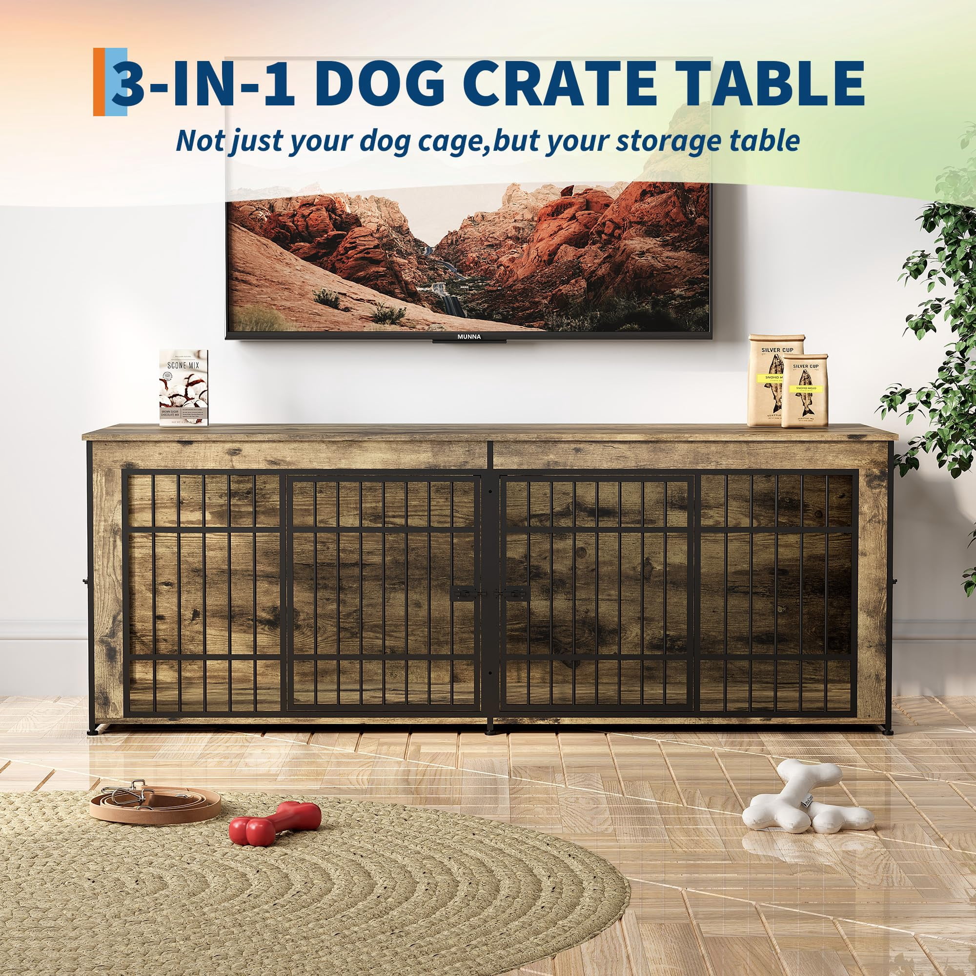 Heavy Duty Extra Large Wooden Dog House Furniture – 4 Doors & Divider – Decorative End Table TV Stand, Indoor Kennel for Large/Medium Dogs – Rustic Tiger Wood, 2m