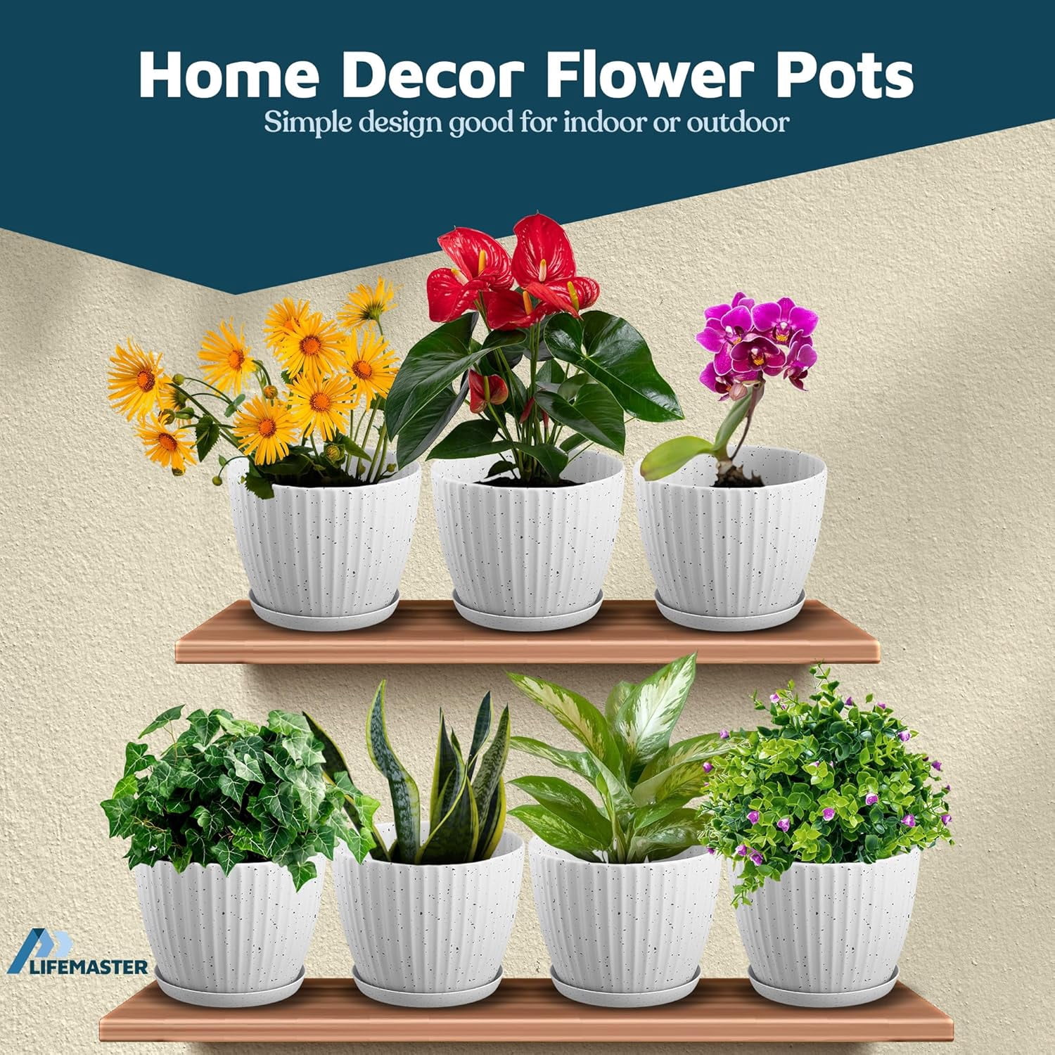 White Gray 6-Inch Plant Pots with Drainage & Saucers 3 Pack, Indoor & Outdoor Planters for Houseplants, Herbs, and Flowers, Durable & Weatherproof Material, Stackable, Lightweight, Minimalist Design