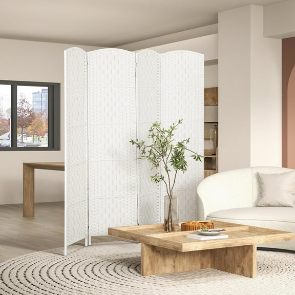 Kadyn Room Divider with 4 Panel Folding Privacy Screen and 6FT Tall Portable Weave Partition Wall Divider, Screen Wall Divider for Bedroom, Home Office, White