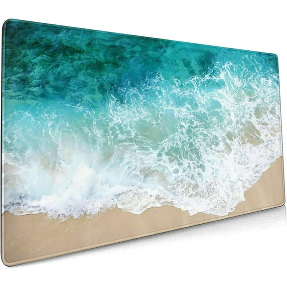 Beach Ocean Coastal Extended Mouse Pad 35.4x15.7 Inch Sea Wave Cool Summer XXL Non-Slip Rubber Base Large Teal Blue Green Mousepad Stitched Edges Keyboard Mouse Mat Desk Pad for Office Home Game