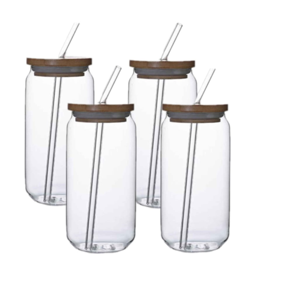 Drinks Glass Cup with Lid Straw Juice Coffee Milk Tea Beer Cup Can Shape Glass Cup Clear Glass Tumbler Wide Mouth Glass Cup, Size: 15.89fl.oz-1 Set