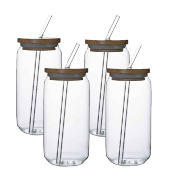 Jlong 4PCS Glass Cups with Bamboo Lids and Glass Straw - Beer Can Shaped  Drinking Glasses, 16 oz Iced Coffee Glasses, Cute Tumbler Cup for Smoothie,  Boba Tea, Whiskey, Water 