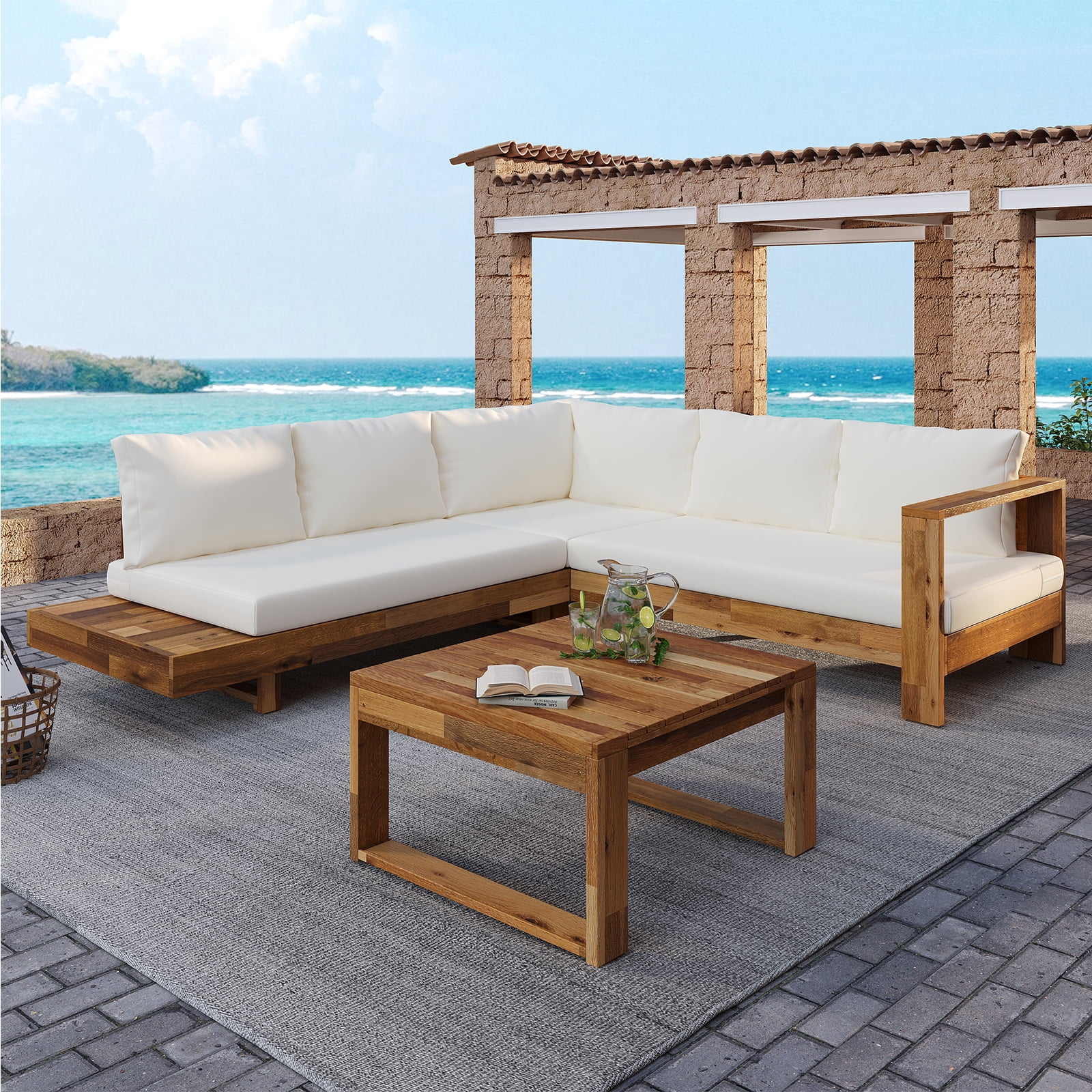 YIYADO Outdoor 4-Piece Acacia Wood Sectional Patio Sofa Set, Modular Outdoor Furniture with Water-Resistant Cushions & Side Table for Patio, Garden, Deck