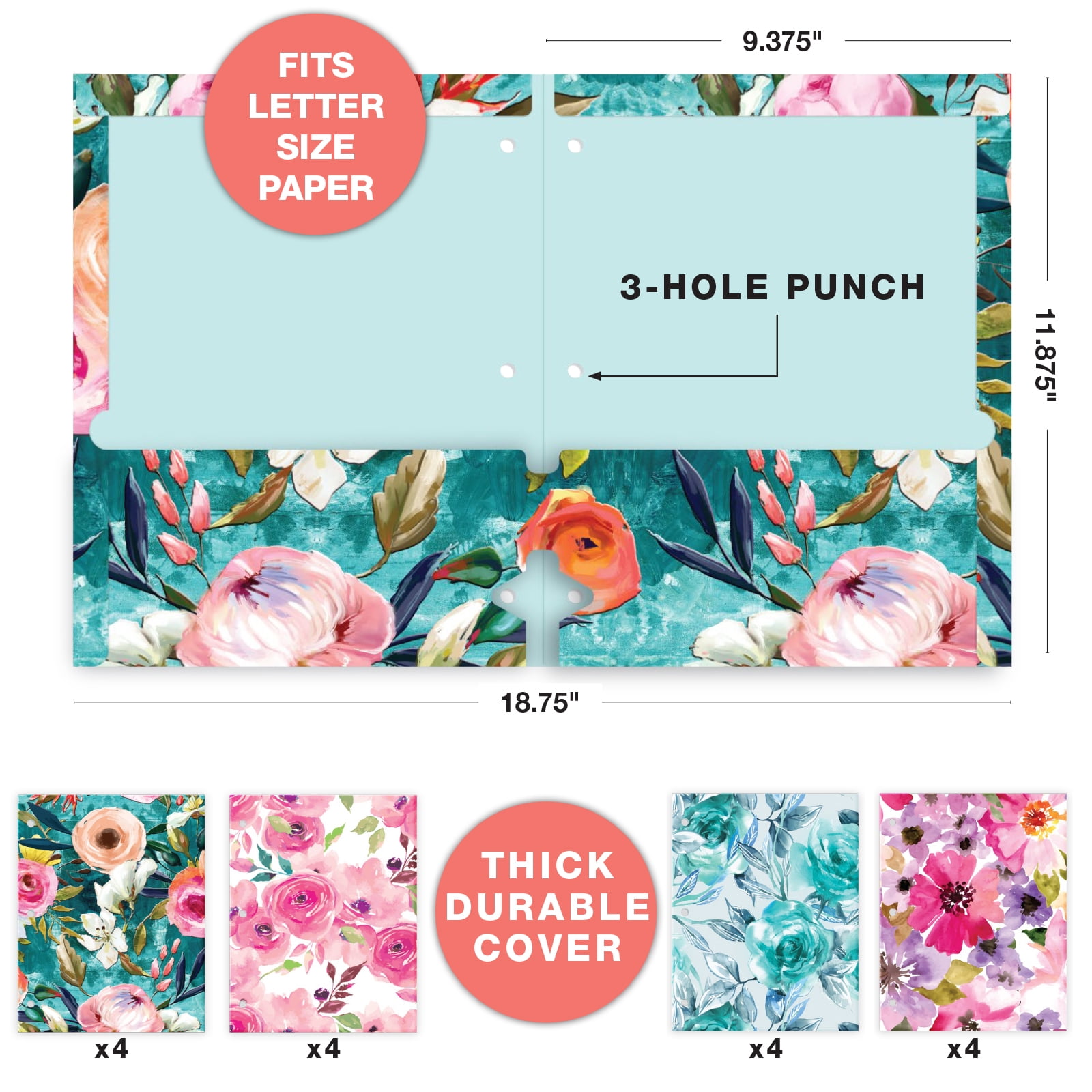 Global Printed Products Deluxe Designer Pocket Folders, Letter Size, 3-hole Punched, 4 Patterns, 16/pk (Floral)