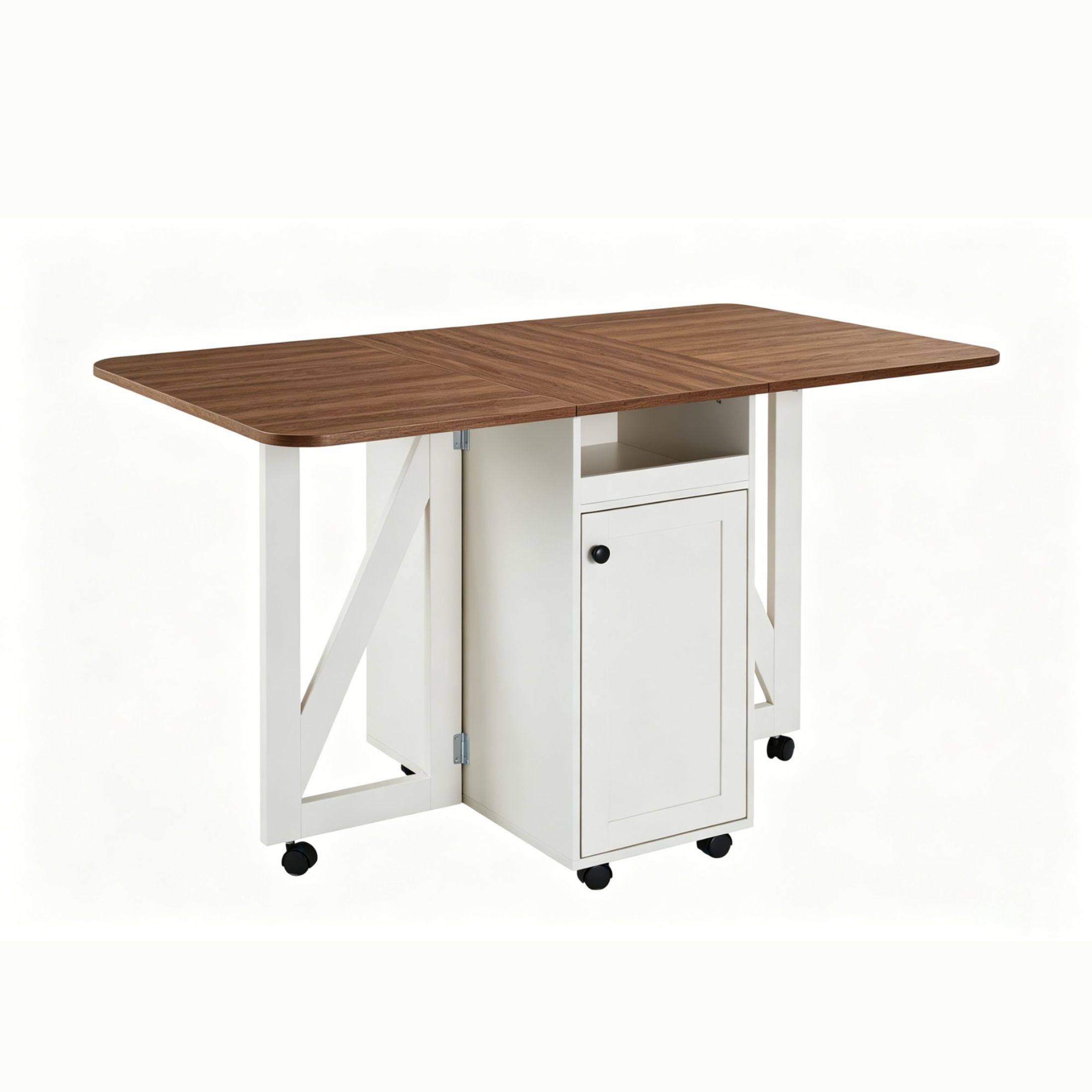 GDF Studio 50.8" Foldable Drop Leaf Dining Table with Rolling Storage Cabinet, White+Walnut
