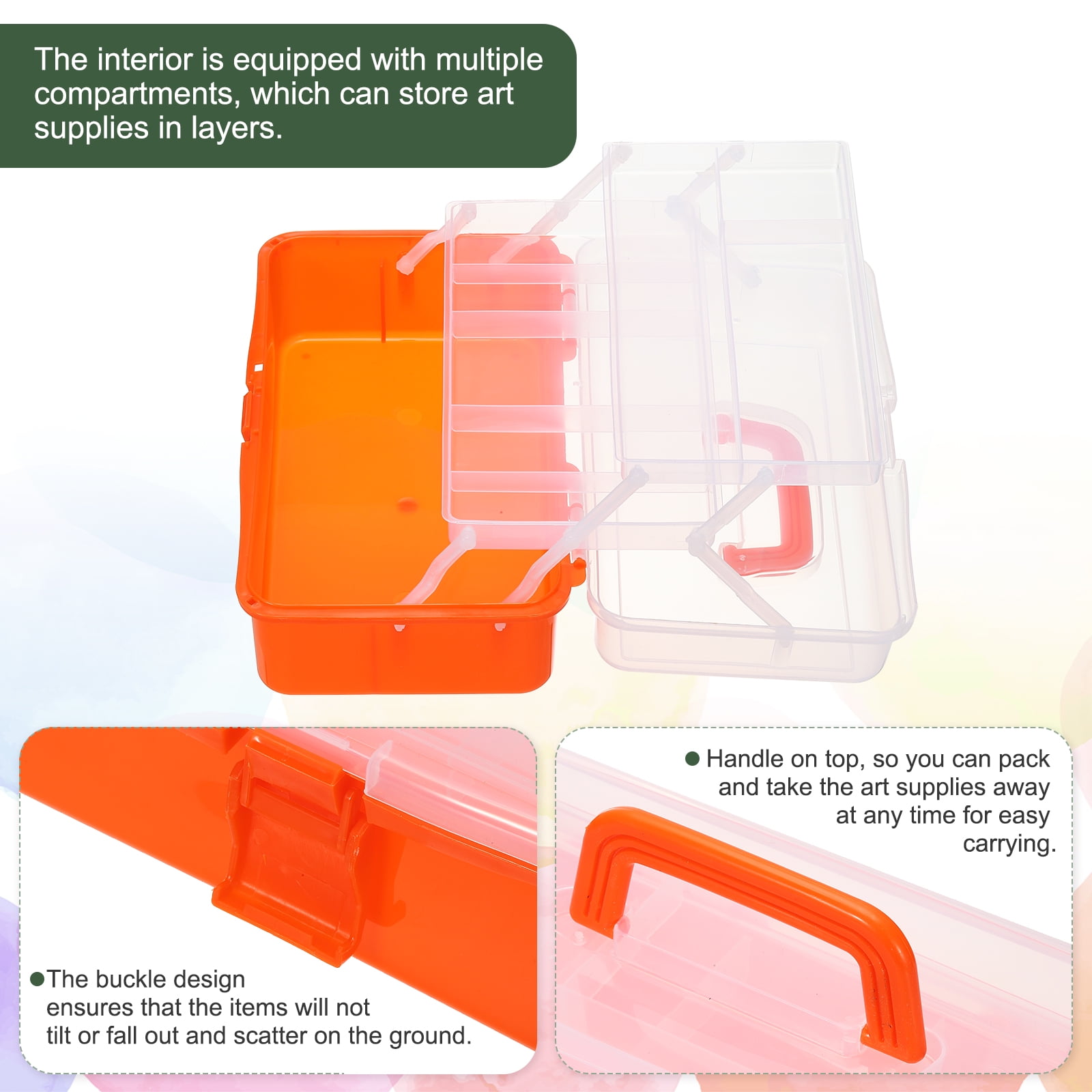 Uxcell Art Supply Storage Organizer, 3-Tray Craft Tool Box Art Supplies Organizer with Handle Buckle for Brushes Paints Stamps, Trans Orange
