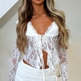 thumbnail image 5 of Arlun,Womens Sexy Lace Sheer T Shirts Trendy Deep V-Neck Long Sleeve Stretchy Tight Tshirts Ladies Solid Color Drawstring Tie Comfortable Breathable Thin Tops White XL, 5 of 6