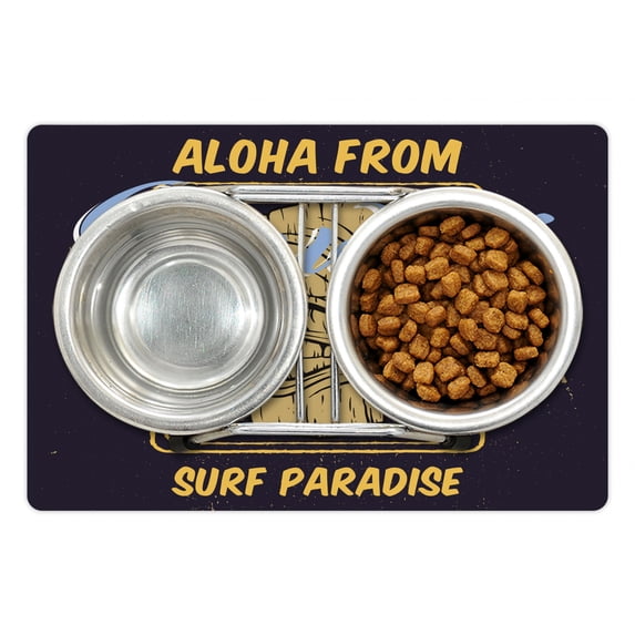 Tiki Bar Pet Mat for Food and Water, Aloha from Hawaii Surf Paradise Retro Style Tiki Vintage, Non-Slip Rubber Mat for Dogs and Cats, 18" X 12", by Ambesonne
