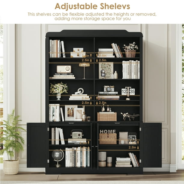 Homfa 73'' Tall Bookcase with 4 Doors, 6-Tier 8 Cubes Display Bookshelf, Double Row Bookcase with Adjustable Shelves for Living Room Home Office, Gray