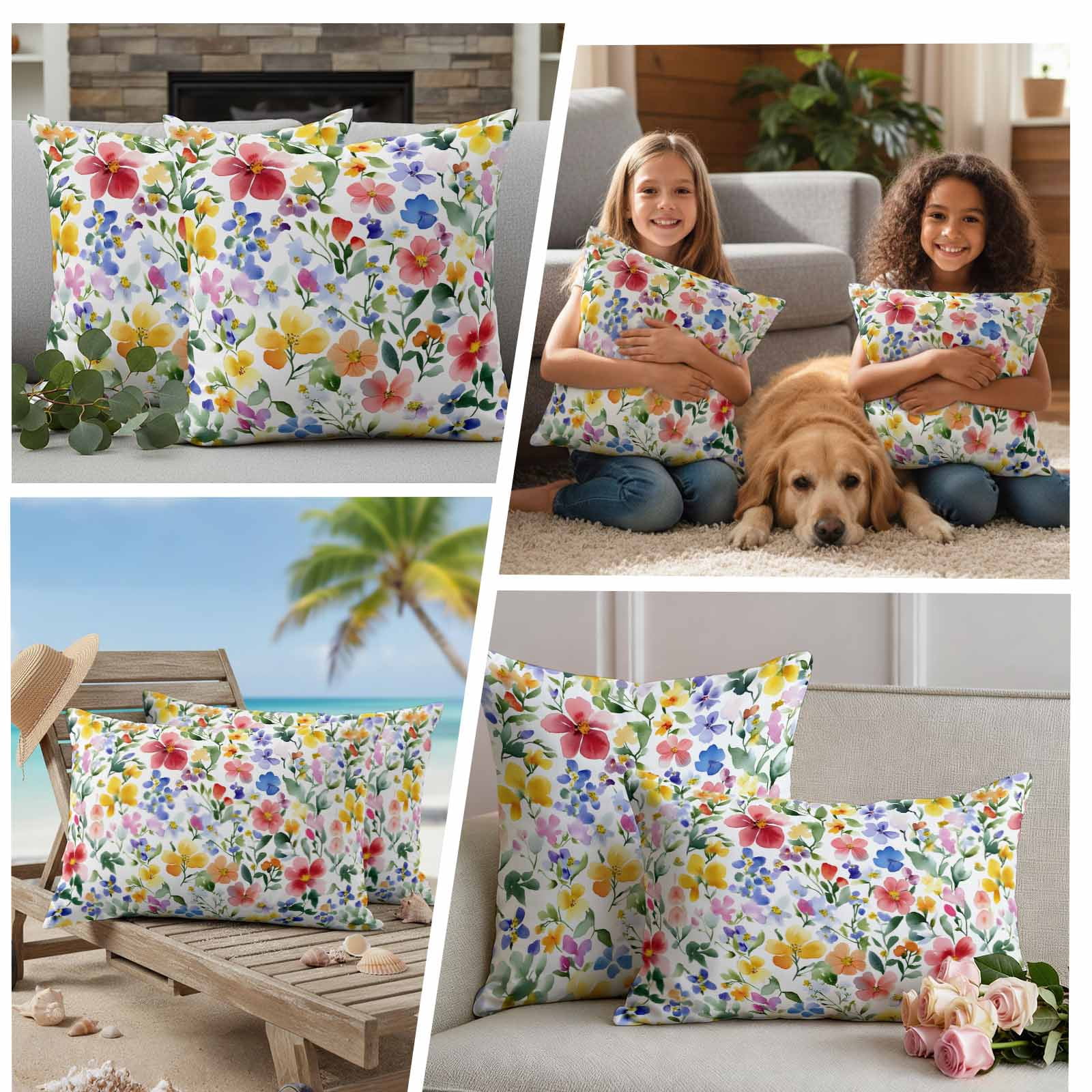 Spring Floral Pillow Covers 2 Pack Gradient Blue Pink Yellow Flower Romantic Farmhouse Pillowcase Waterproof Outdoor Throw Pillow Cover for Patio Balcony Rectangular Cushion 20”x12”