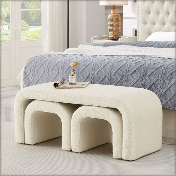 Modern U-Shaped Teddy Ottoman Set of 3 with Soft Beige Canvas 44 " and 18 " Stools Perfect for Living Room Footrest or Entryway