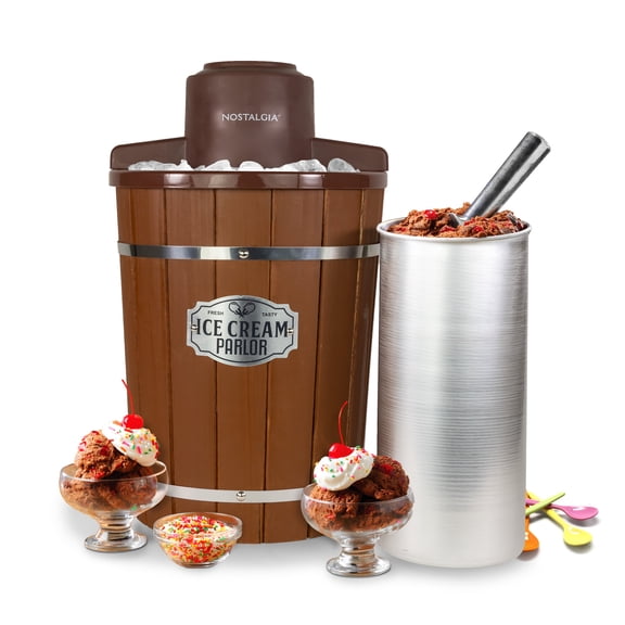 Nostalgia 6-Quart Ice Cream Machine, Vintage Electric Ice Cream Maker with Clear Lid, Dark Wood