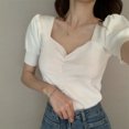 thumbnail image 4 of Camisas de manga corta con cuello en V para mujer, blusa de punto de manga corta para uso diario casual y citas, 4 of 5