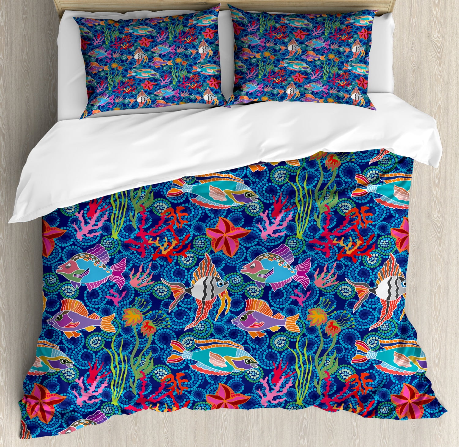 Marine Duvet Cover Set, Underwater Theme Exotic Fishes in Tropical