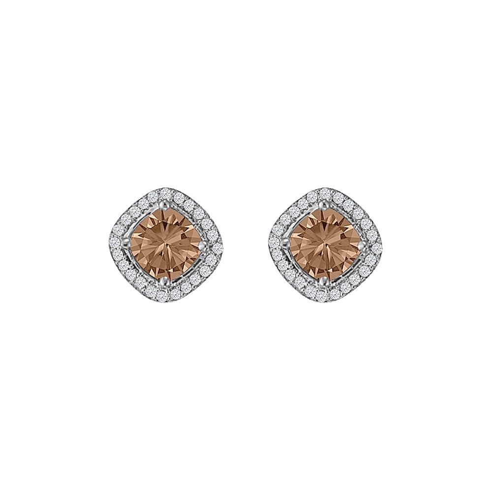 Smoky Quartz Cz Square Halo Stud Earrings 925 Silver