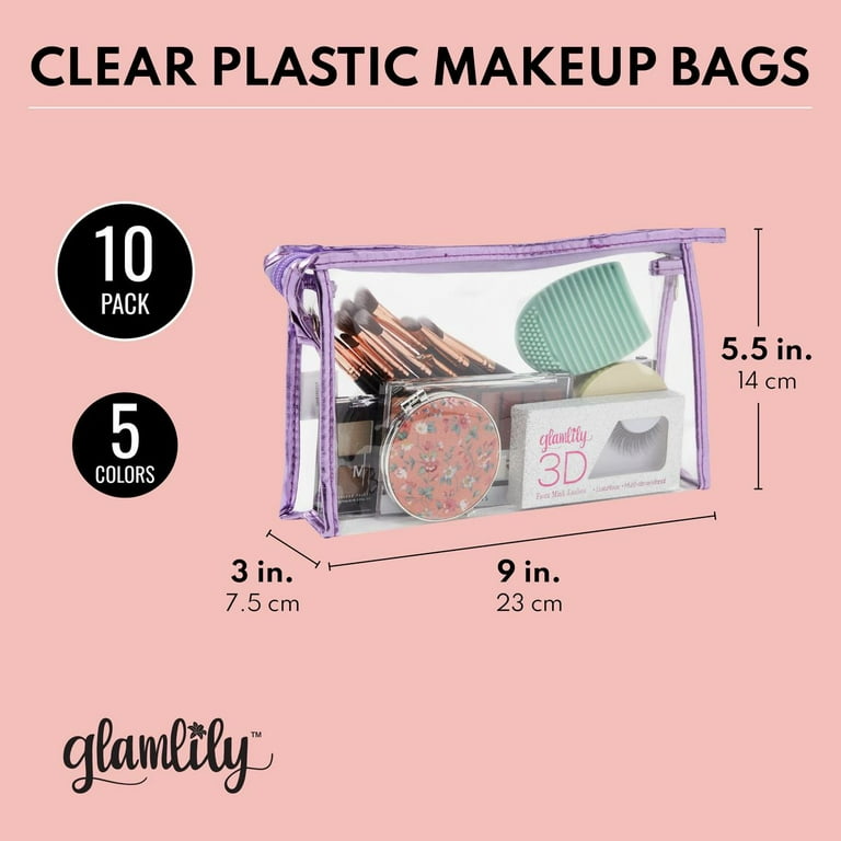 Glamlily 10 Pack Clear Cosmetic Bags with Zipper for Makeup, Travel Size  Toiletries, 5 Colors, 9.6 x 2 x 5.5 In