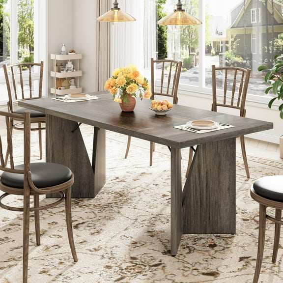 Soonbuy 70.9" Dining Table for 6-8 People, Farmhouse Rectangular Kichen Table with Sturdy Frame, Wooden Thickened Long Desk and Dinner Desk for Dining Room, Kitchen, Office, Game Room(Grey/Retro)