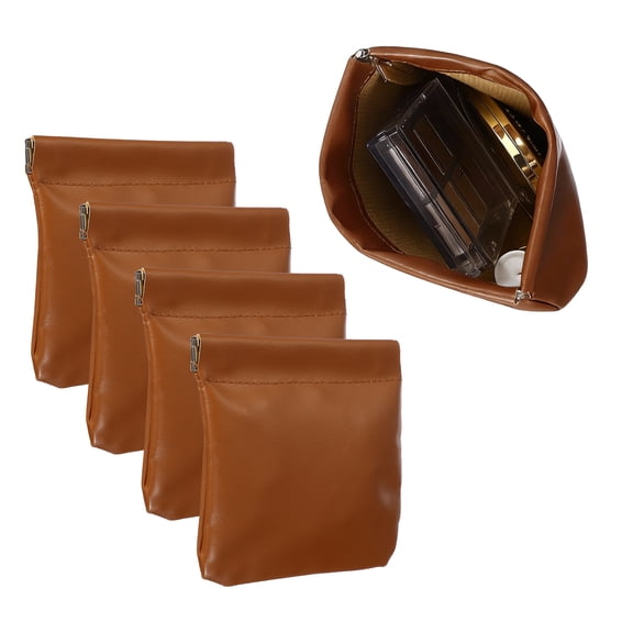 4Pcs Squeeze Coin Purse Pouch, Small Leather Change Purse Self Closing Portable Mini Makeup Bag for Women Men Car Change Travel, Brown
