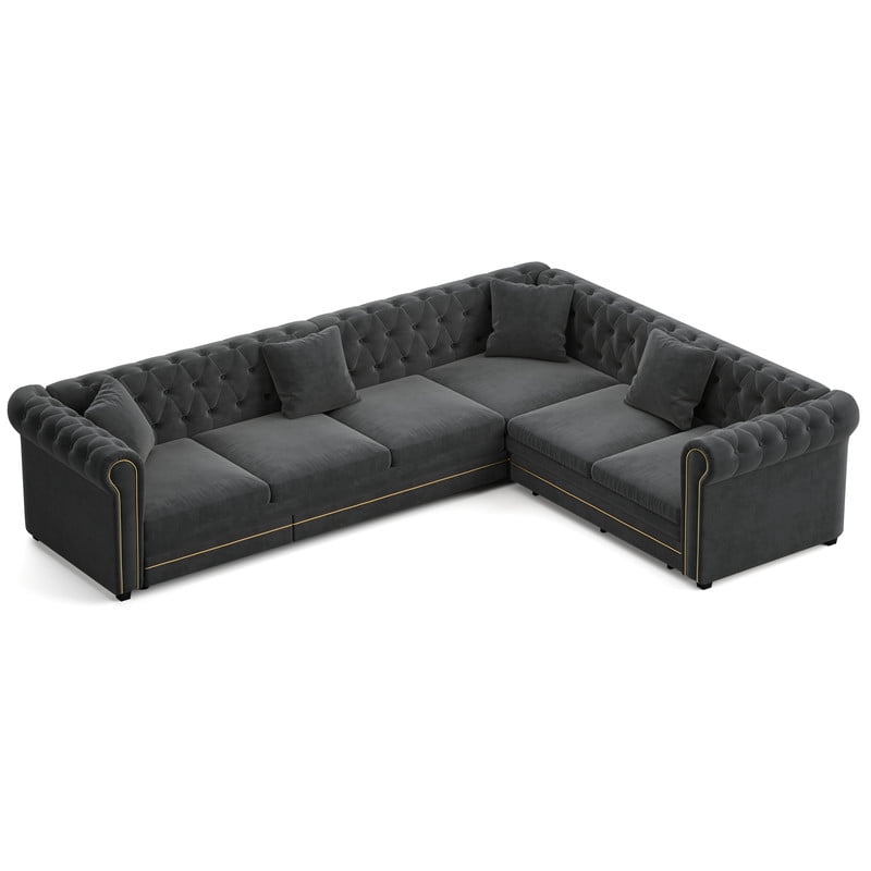 L-Shaped Chesterfield Sectional Sofa Set with Pull-Out Bed, Oversize Convertible Sleeper Sofa, Button Tufted Large Couch