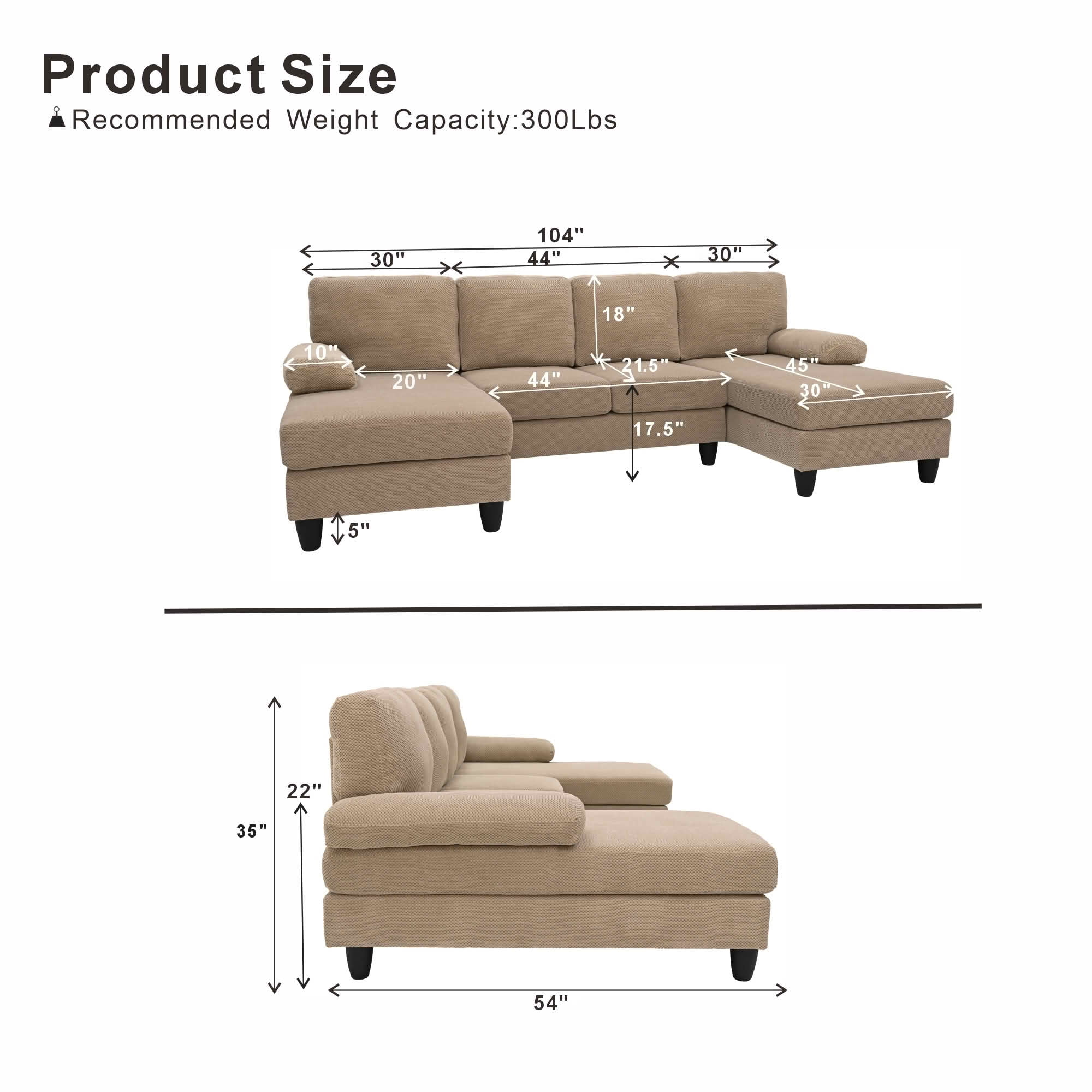MAYEERTY 104" U‑Shaped Sectional Sofa, Nubby Textured Upholstery Couch with Dual Chaise & Plush Upholstered Armrests, Modern Living Room Furniture