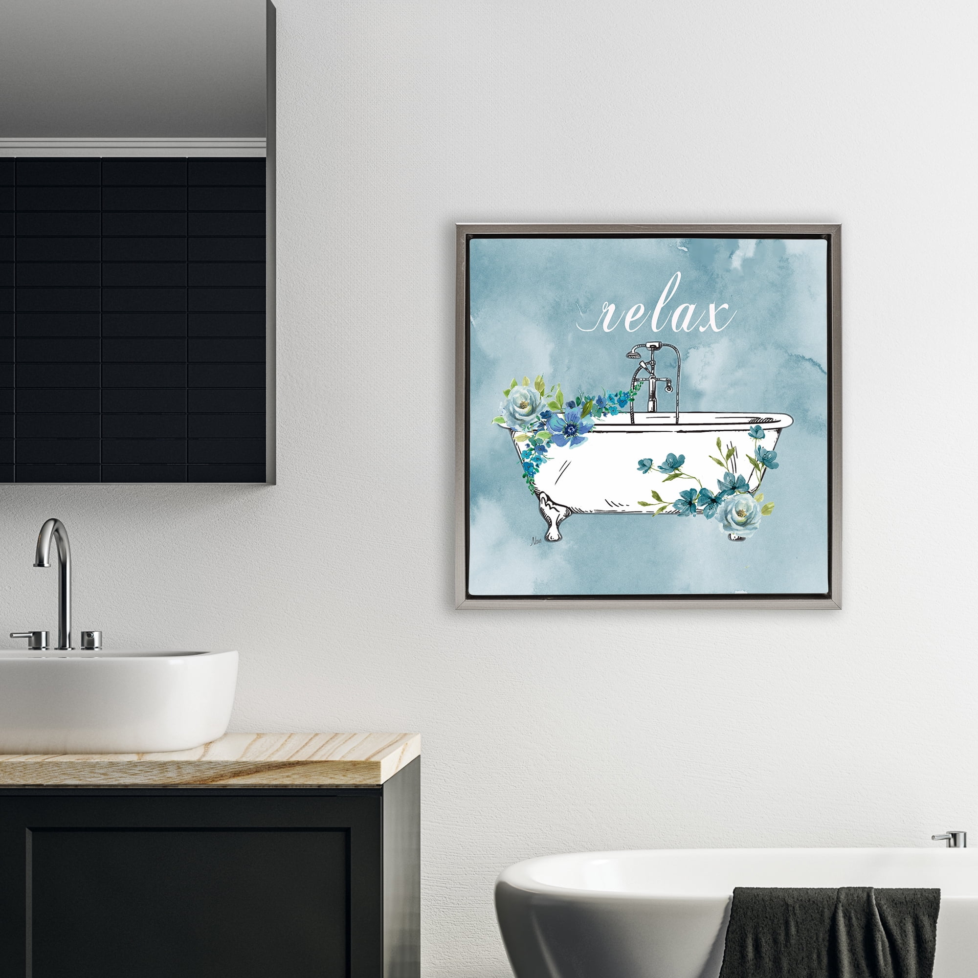 Stupell Industries Floral Bathroom Rules Relax Gray Framed Floater Canvas Wall Art, design by Nan